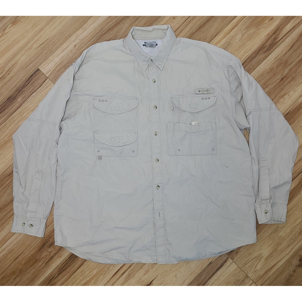 Columbia PFG Men XL Long Sleeve Fishing Shirt Tan Button Down Mesh Vent Hiking
